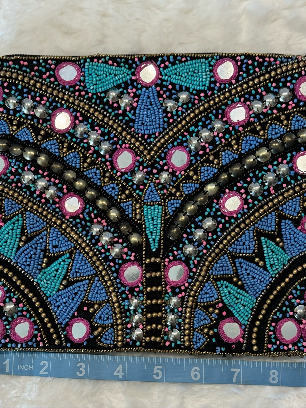 Embellished Beaded Wristlet Clutch in Black, Blue & Teal by Clements Riberio - Picture 4 of 8